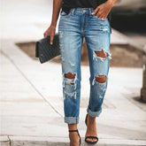 Womenmid rise straight leg ripped jeans cuffed jeans with holes